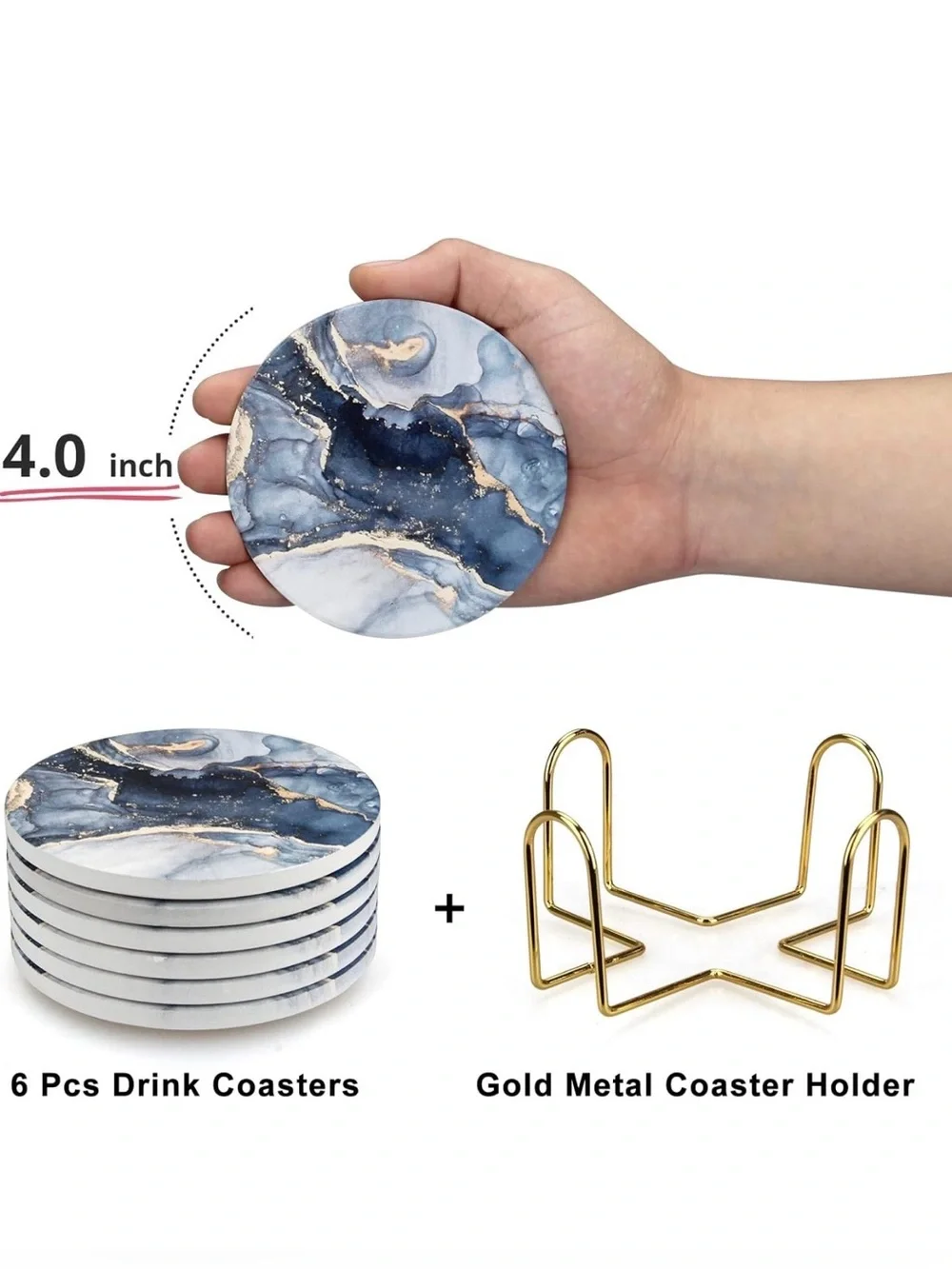 Blue Marble Gold Accent Round Coaster Set
